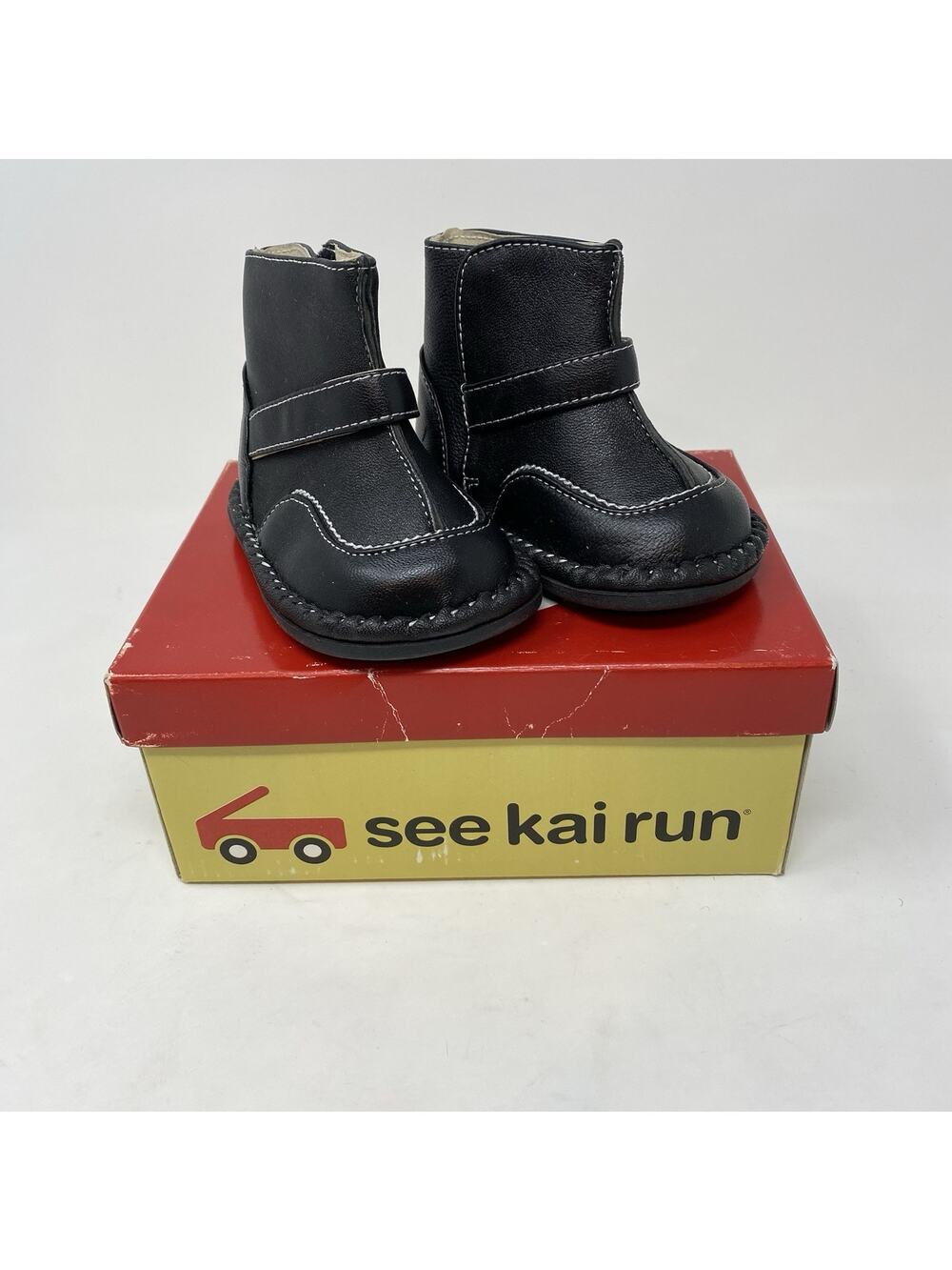 See Kai Run Jannis Leather Boots Baby Sz 3 Black Slip On Hook Loop Adorable New